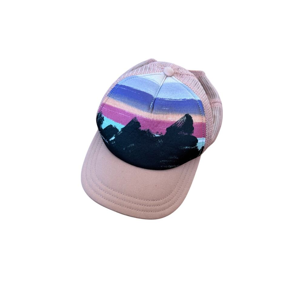 Patagonia watercolor mountain scene pale pink hat